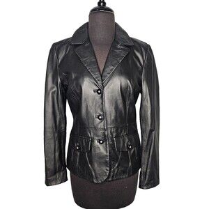 PAMELA MCCOY Leather Jacket Women's XS Black Sleek Rhinestone Buttons Tailored